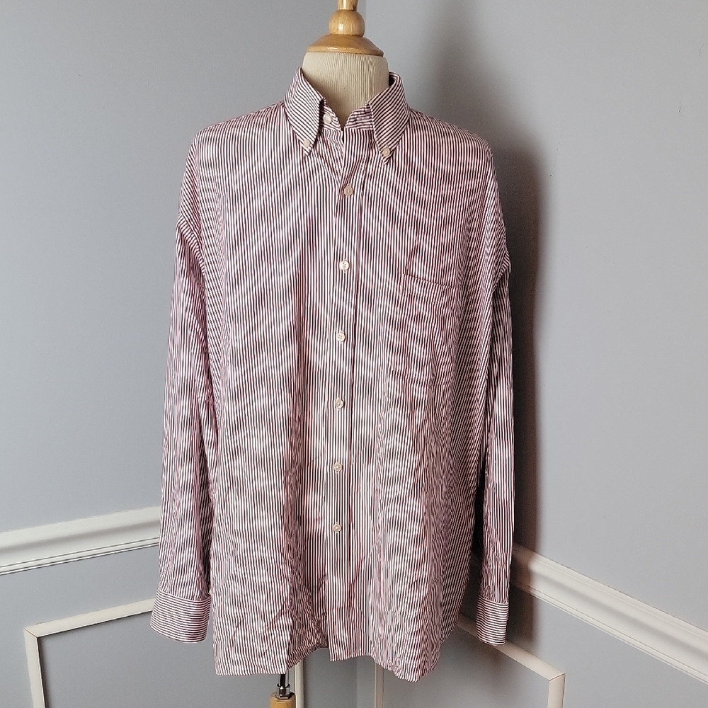 VAN HEUSEN Burgundy White Striped Office Professional Button Down Dress Shirt‎